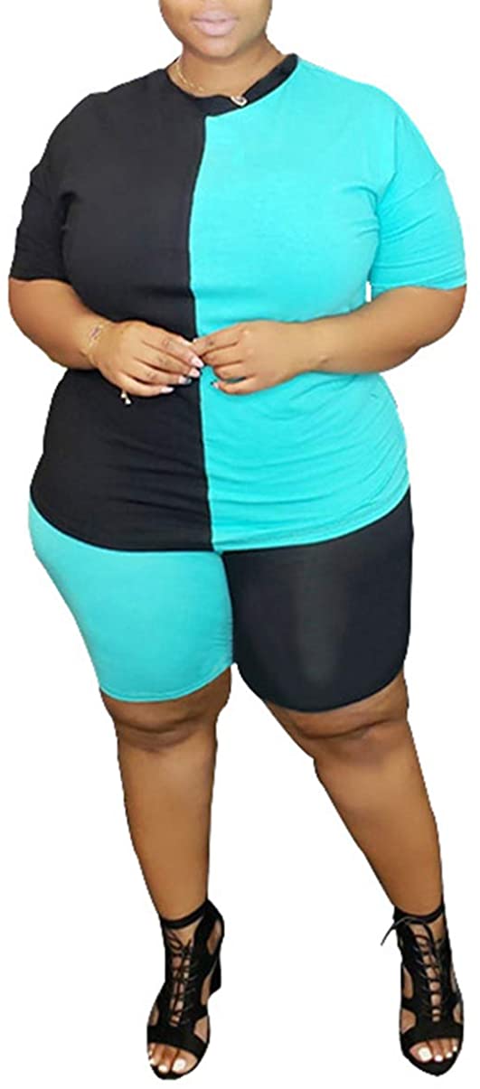 Price:$9.99 Plus Size 2 Piece Outfit Sports Tracksuit Color Block T Shirt Tops Shorts Jogger Set at Amazon Women’s Clothing store