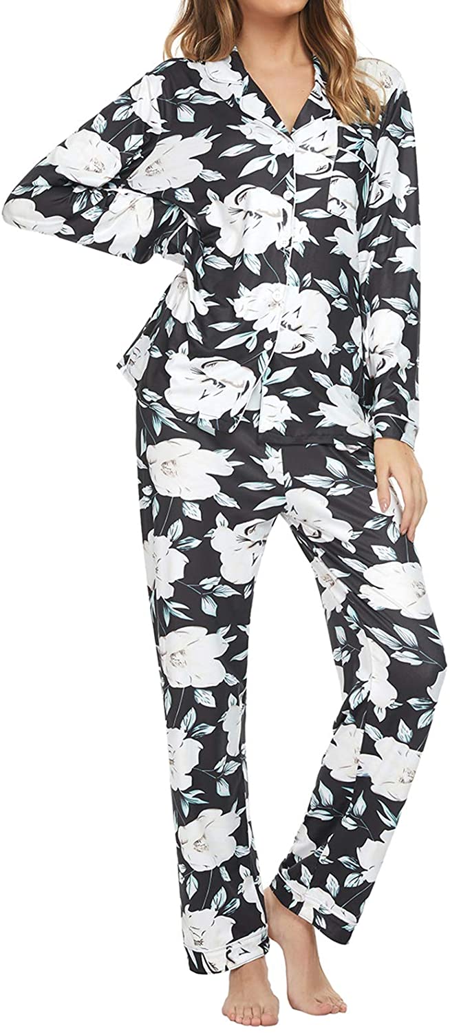 Price:$21.49 Womens Floral Printed Pajamas Set Button Down Long Sleeve Soft Sleepwear Pj Lounge Sets at Amazon Women’s Clothing store