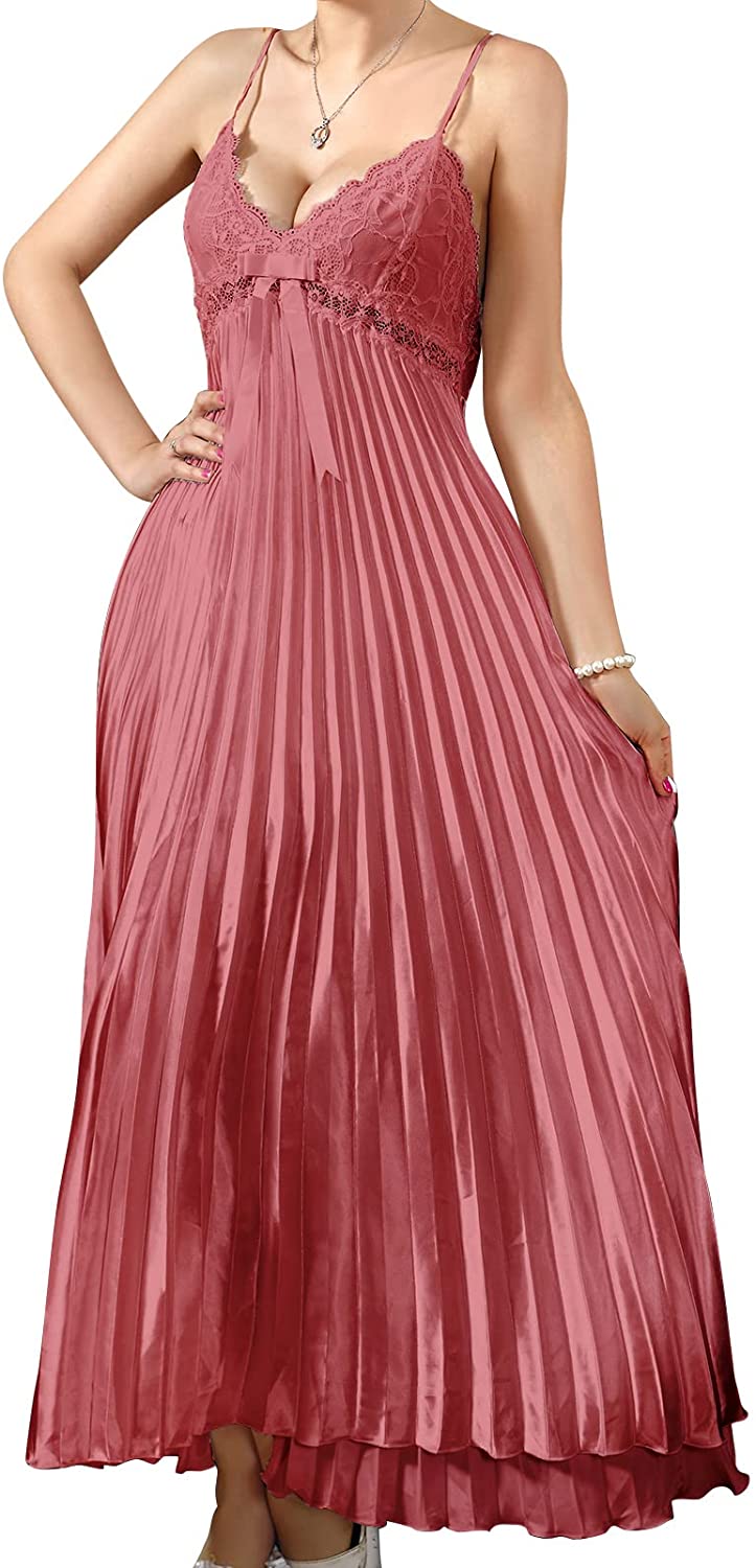 Price:$19.99 Lace stitching Nightgowns Long for Women Silk Chemise,Cami Sleeveless Nightdress Spaghetti Strap Sleepwear One Size 18561 Pale-Mauve at Amazon Women’s Clothing store