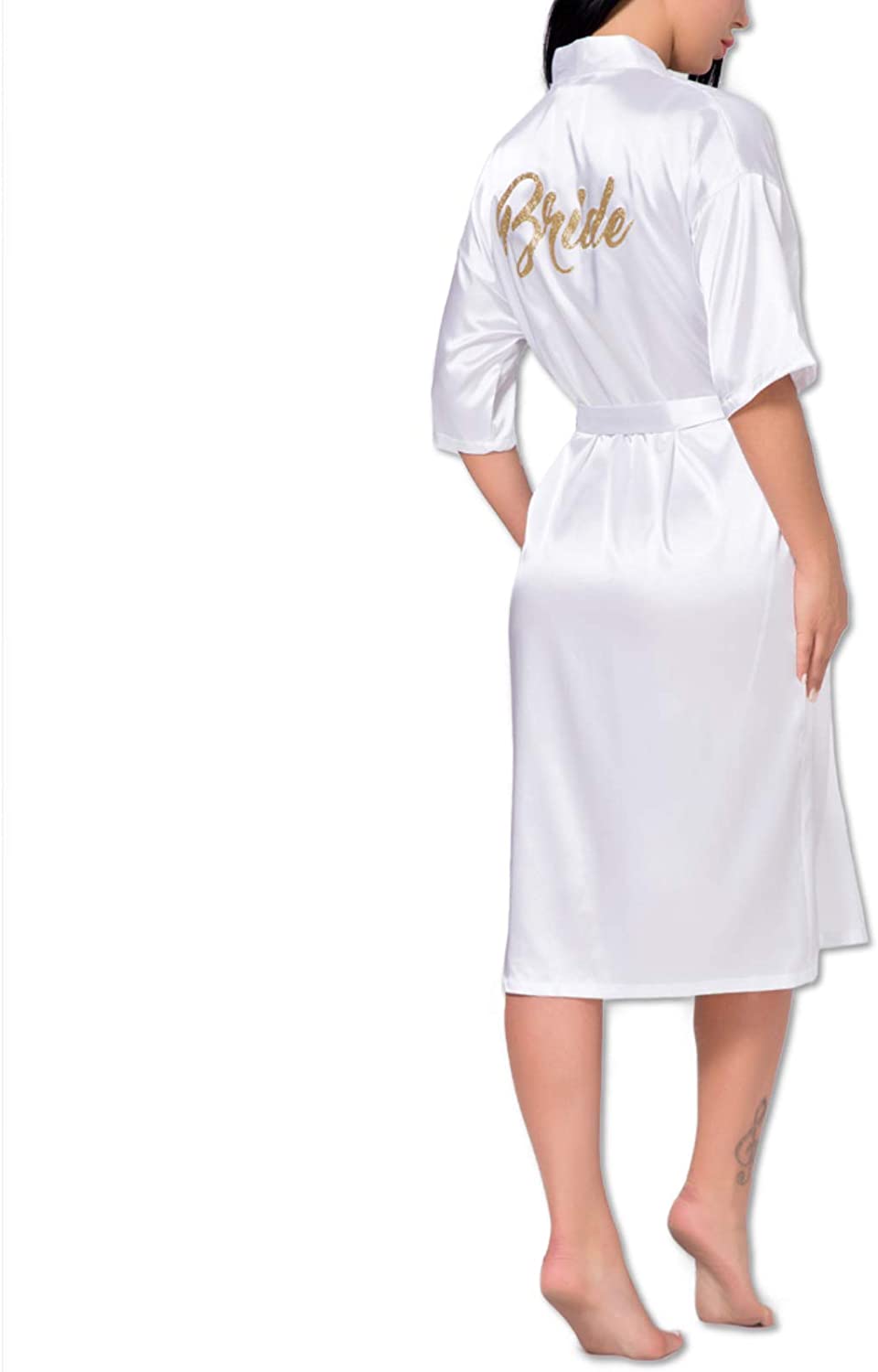 Price:$23.89 Bridal Robe Long Satin Gown with Gold Silk Kimono for Wedding Party Bath (White) at Amazon Women’s Clothing store