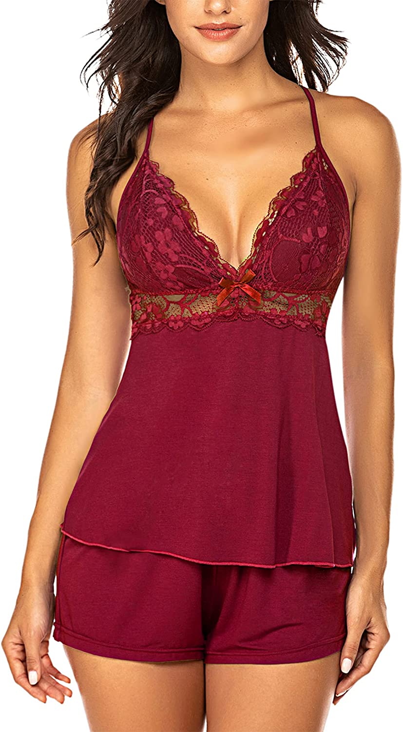 Price:$19.58 Sleepwear Lace Sexy for Women Camisole Sets Lingerie Nightwear Soft Pajamas Set Shorts Set at Amazon Women’s Clothing store