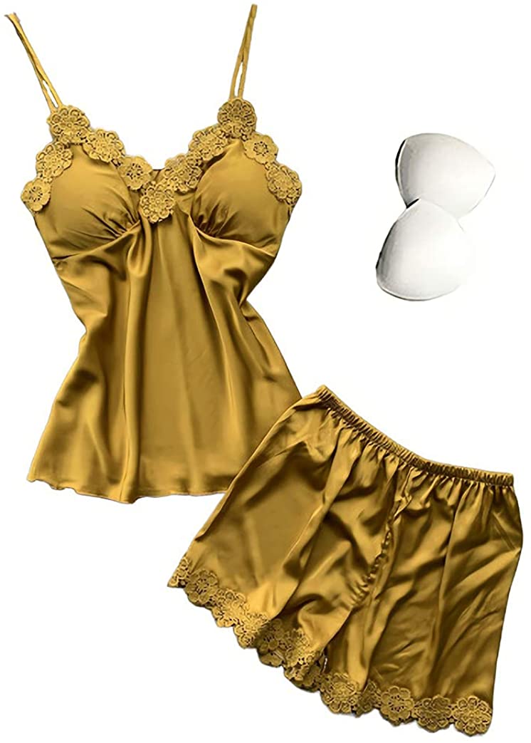 Price:$7.99 Women's Satin Pajamas Lace Cami Top and Shorts Silk Sleepwear Set 2 Piece Nightwear with Chest Pads Yellow : Clothing, Shoes & Jewelry