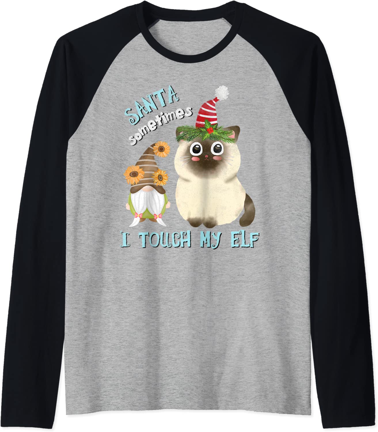 Price:$24.99 Naughty Cat Pun Meowy Catmas Santa Touch-My-Elf Gnome Raglan Baseball Tee : Clothing, Shoes & Jewelry