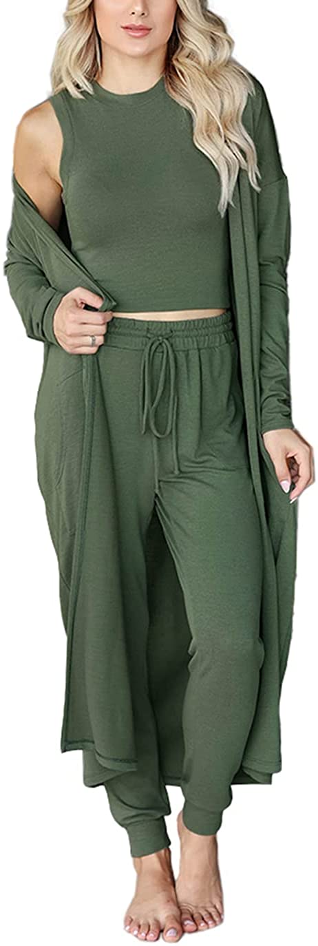 Price:$43.99 3 Piece Sweatsuit Lounge Set Cardigan Outfits Open Front Kimono Tank Top Palazzo Pants PJ Casual Loungewear Tracksuit : Clothing, Shoes & Jewelry
