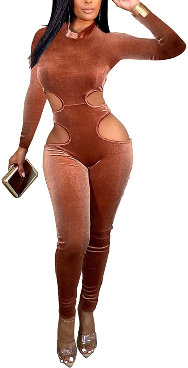 Price:$36.99 Women Sexy One Piece Jumpsuit Mock Neck Long Sleeve Long Pant Hollow Out Velvet Bodysuit Romper : Clothing, Shoes & Jewelry