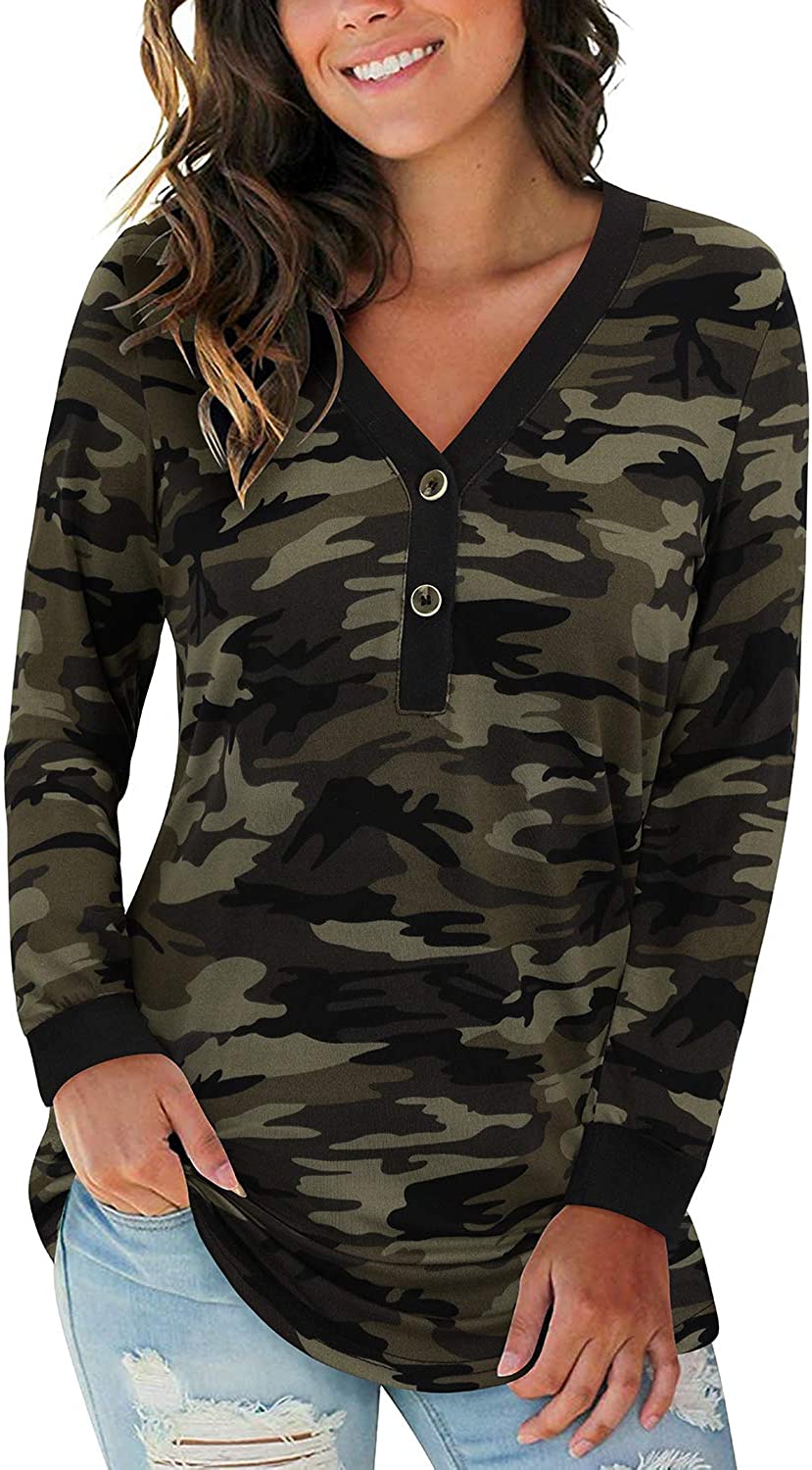 Price:$15.99 Women's Leopard Print V-Neck Button Camo Causal Long Sleeve Tops Henley Blouse Loose T Shirt : Clothing, Shoes & Jewelry