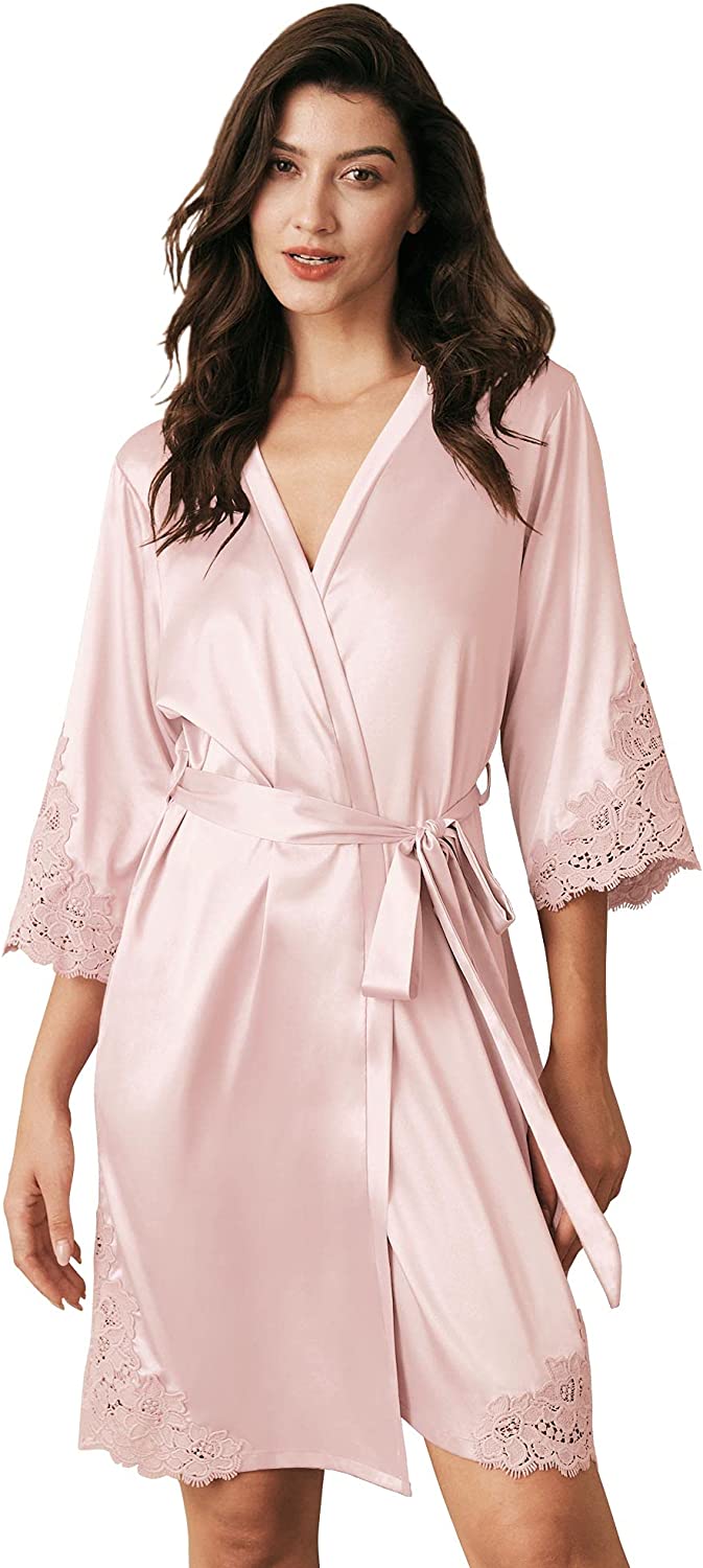 Price:$18.99 BRIDAL Women's Satin Robe Lace Trim Kimono Silk Robe Short Bridal Party Robes for Brides Bridesmaids Wedding Loungewear at Amazon Women’s Clothing store