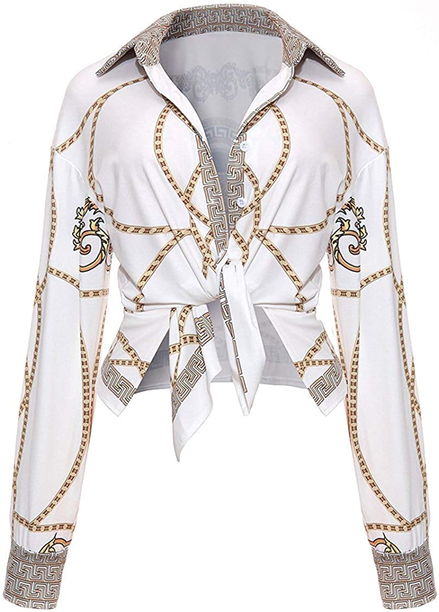 Price:$28.59 Casual Turn Down Collar Long Sleeve Geometric Print Button Down Shirt Blouse at Amazon Women’s Clothing store