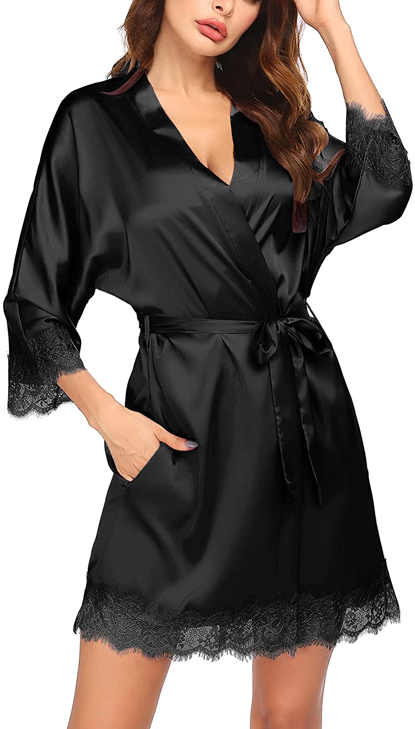 Price:$16.79 Women Satin Kimono Robes Lightweight Silk Bathrobe Lace Trim Bridesmaid Bride Party Robes at Amazon Women’s Clothing store