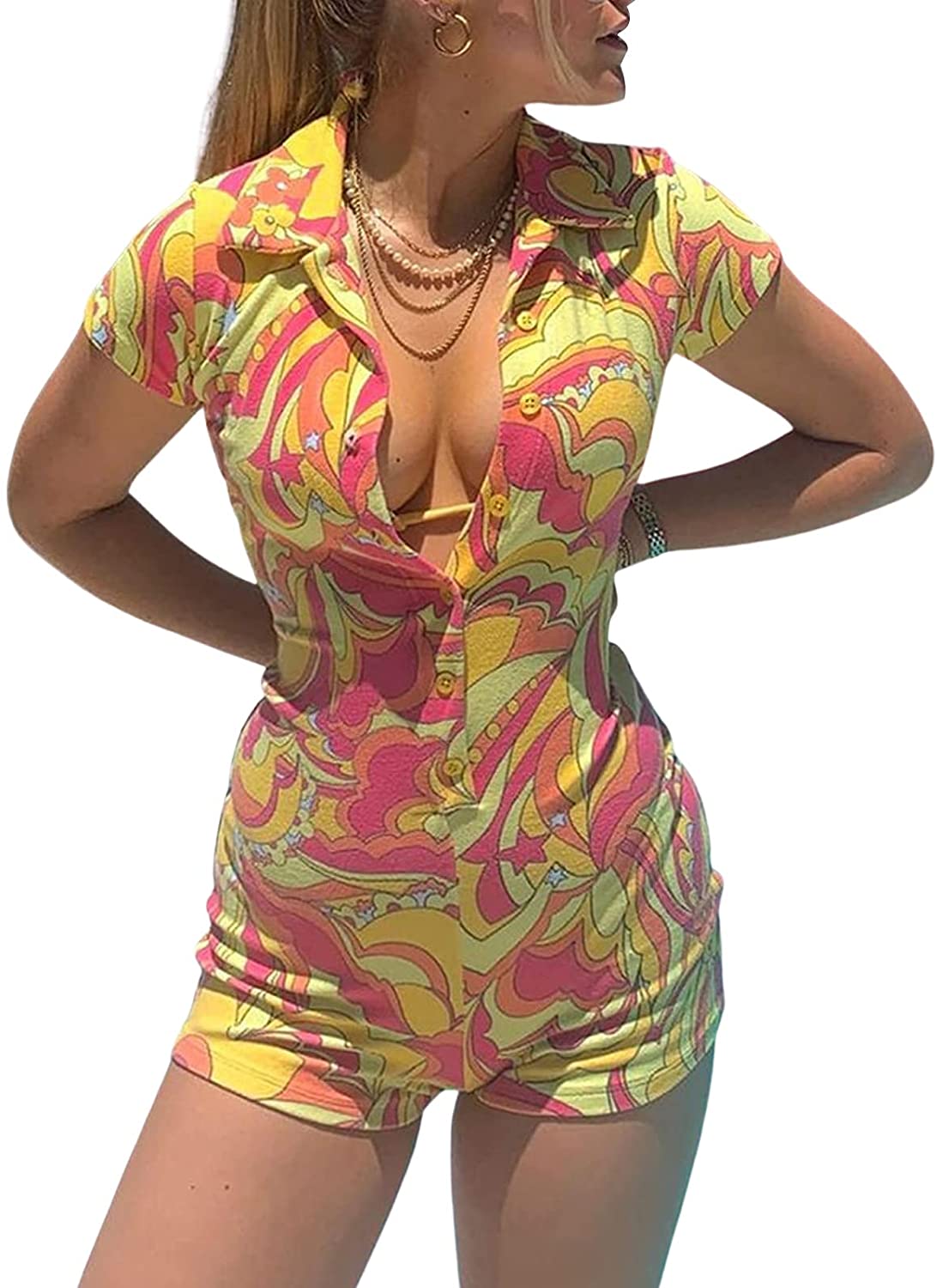 Price:$14.69 Short Sleeve Jumpsuit for Women Embroidery Bodycon Sexy V Neck Button Down Rompers Shorts Overall Streetwear : Clothing, Shoes & Jewelry