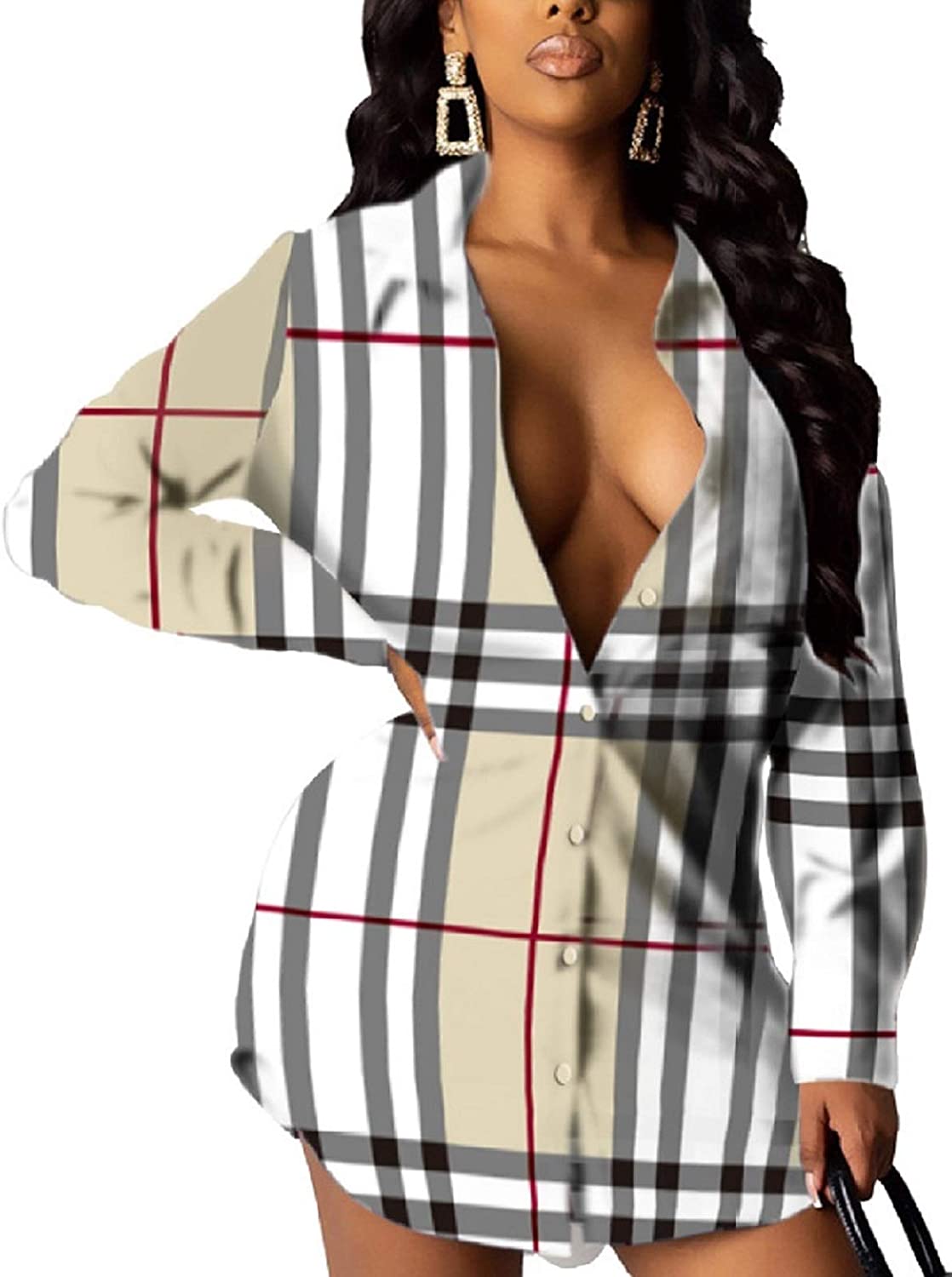 Price:$15.99 Sexy Shirt Buchona Outfits Blouses Casual V Neck Long Sleeve Collar T-Shirt Button Down Tops Mini Dress at Amazon Women’s Clothing store