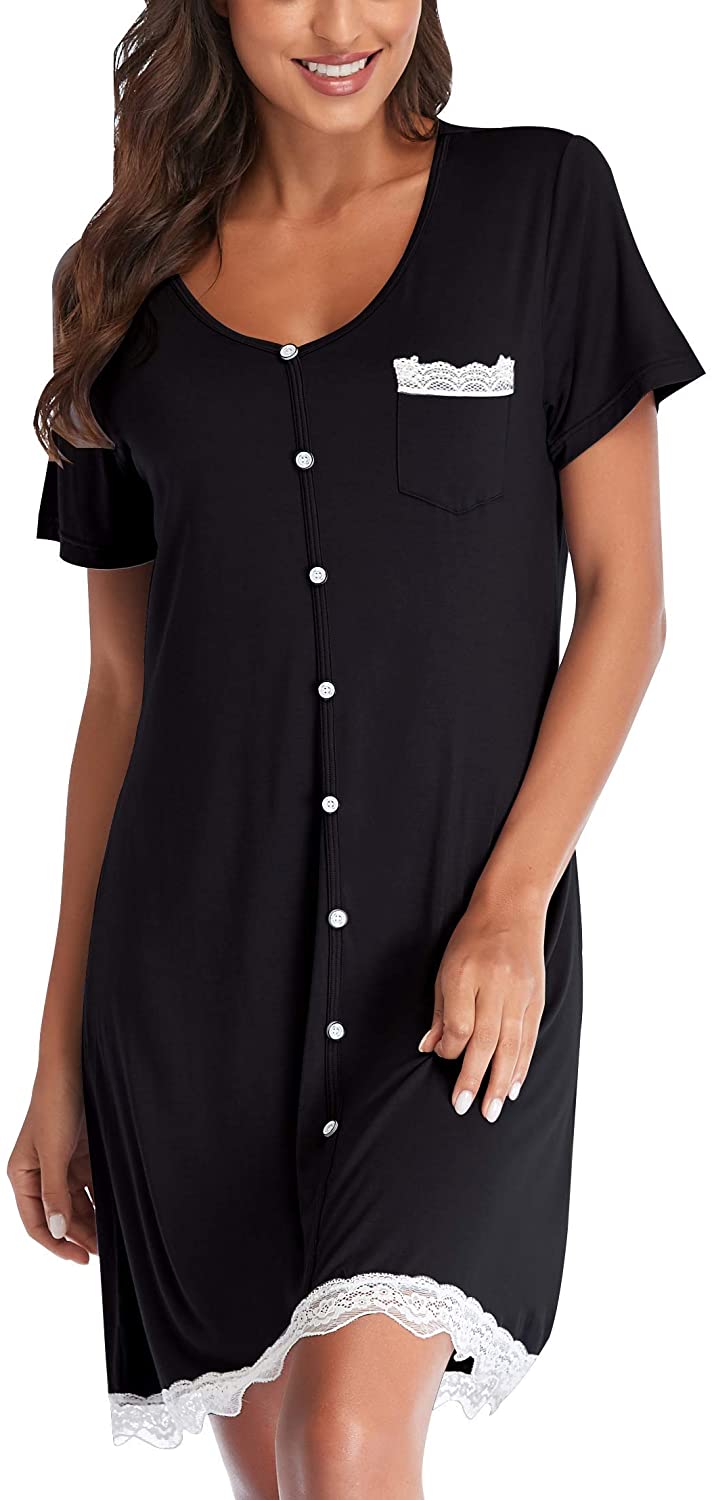 Price:$9.99 Sleepwear Women Cotton Short Sleeve Nightgowns Decoration Button Night Dress Striped Pajamas Dress Slim Fit : Clothing, Shoes & Jewelry