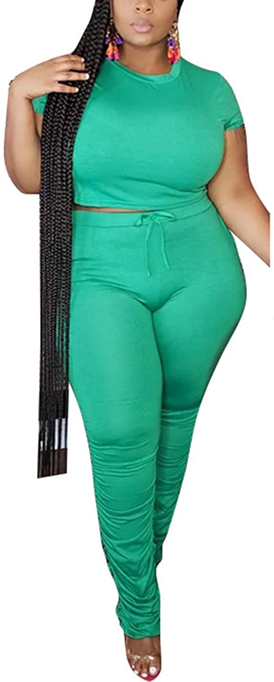 Price:$14.99 Size 2 Piece Outfits for Women - Short Sleeve Crop Tshirt Tops Ruffle Bodycon Pants Set Tracksuit with Pockets : Clothing, Shoes & Jewelry
