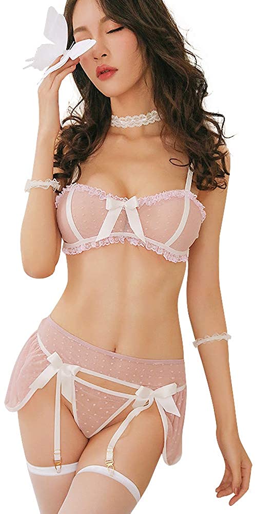Price:$19.99 Women’s Polka Dot Lace Lingerie Sexy See Through Bra and Panty Set Babydoll Suit (Pink): Clothing, Shoes & Jewelry