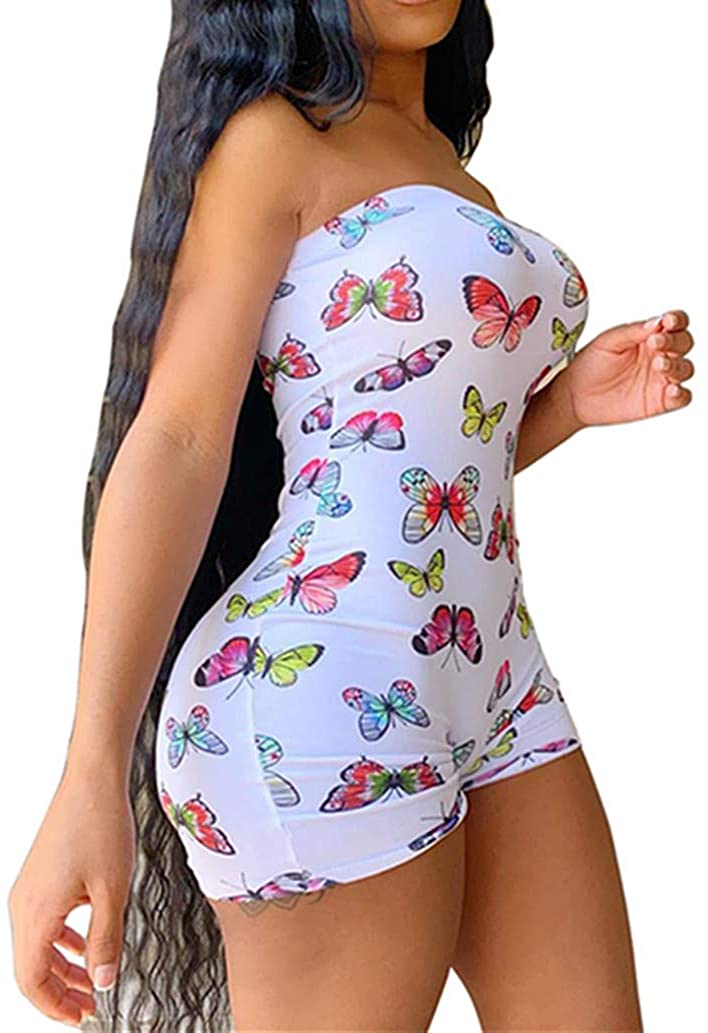 Price:$10.99 Sexy Strapless Tube Rompers Bodysuit Butterfly Printed Bodycon Short Jumpsuit Overalls Cute One Piece Outfit Clothes : Clothing, Shoes & Jewelry