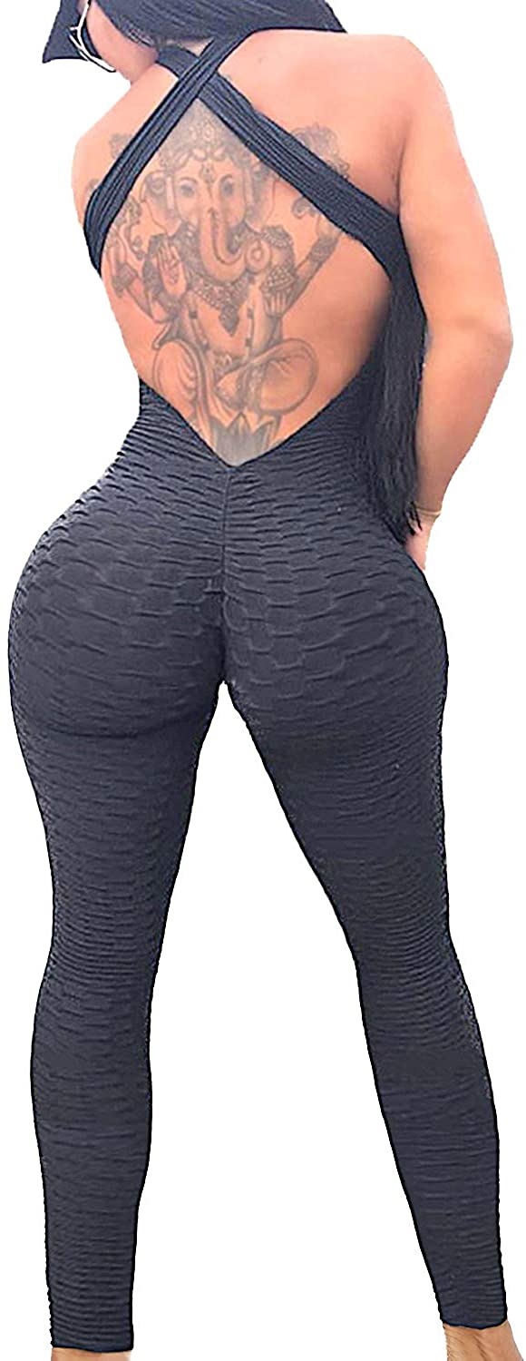 Price:$10.28 Womens Butt Lifting Yoga Jumpsuit Backless Sport Bandage Romper Playsuit Sleeveless Textured Gym Bodysuit : Clothing, Shoes & Jewelry