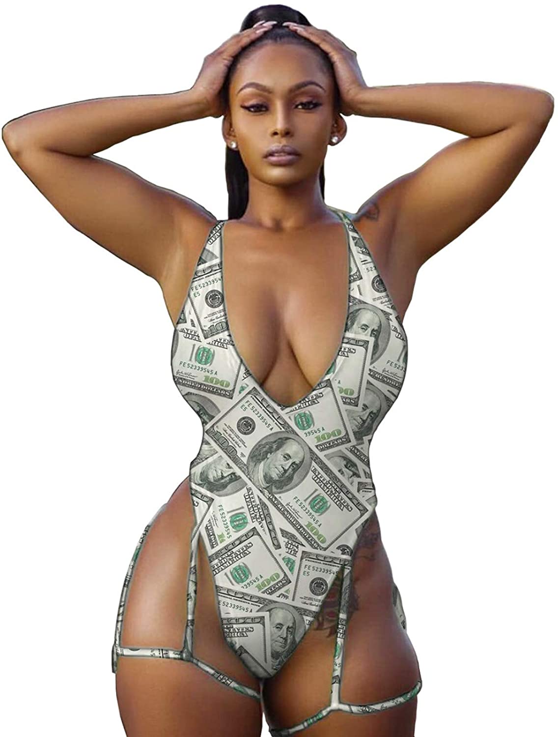 Price:$19.99 One Piece Money Dollar Print High Cut Bodysuit Swimsuit Bikini Swimwear Bathing Suit with Leg Garter Swimwear Rave at Amazon Women’s Clothing store