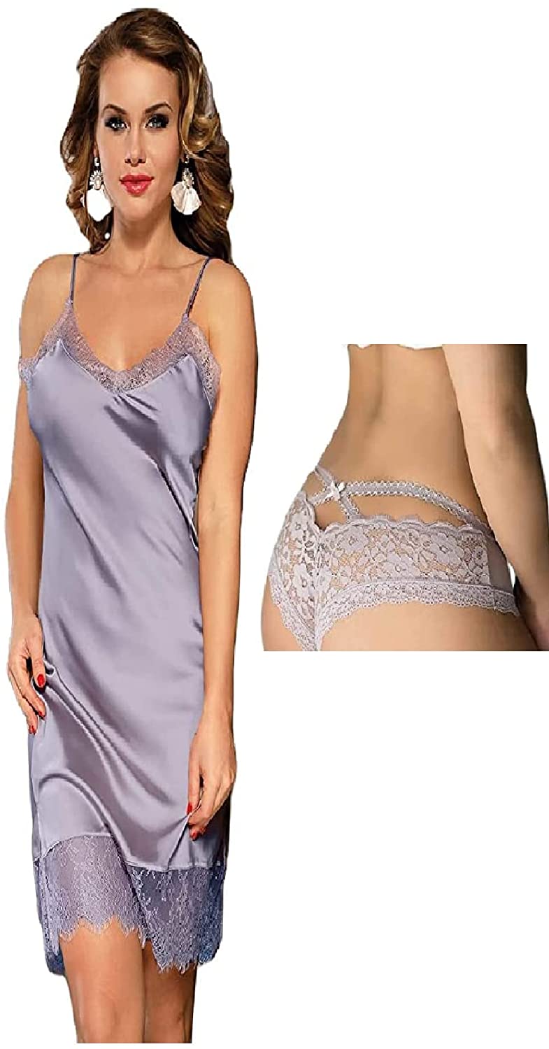 Price:$21.99 Hour Women's Sexy Fashion Silk Satin Lace Women Pajama Lingerie, Slate Blue, Floral Lace Panty, Gray, Medium, Bundle of 2: Clothing, Shoes & Jewelry