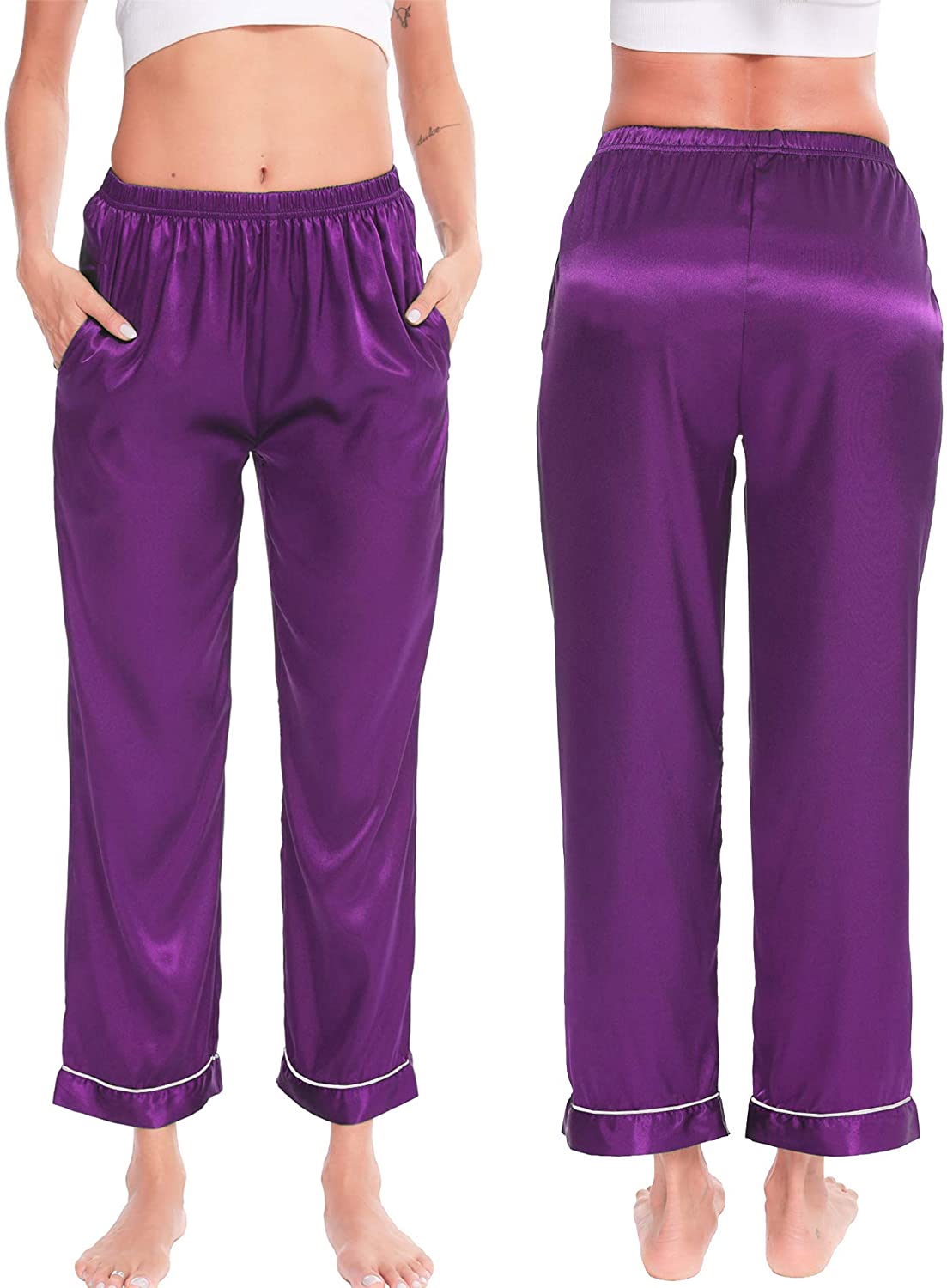 Price:$13.99 Women's Satin Pajama Pants Long Sleeve Silky Sleep Pants Loungewear Pj Bottoms Pants Nightwear Trousers with Pockets at Amazon Women’s Clothing store