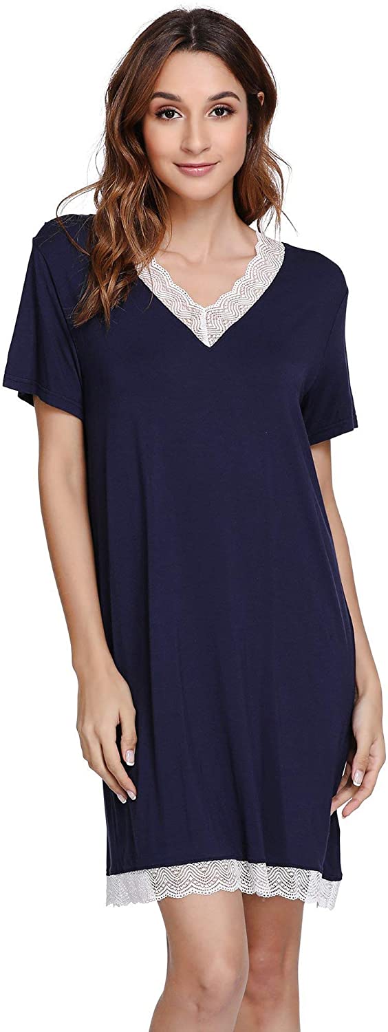 Price:$6.99 Bamboo Nightgowns for Women Short Sleeve Sleep Shirts Soft Sleepwear Nightshirt Lace Trim Loungewear at Amazon Women’s Clothing store