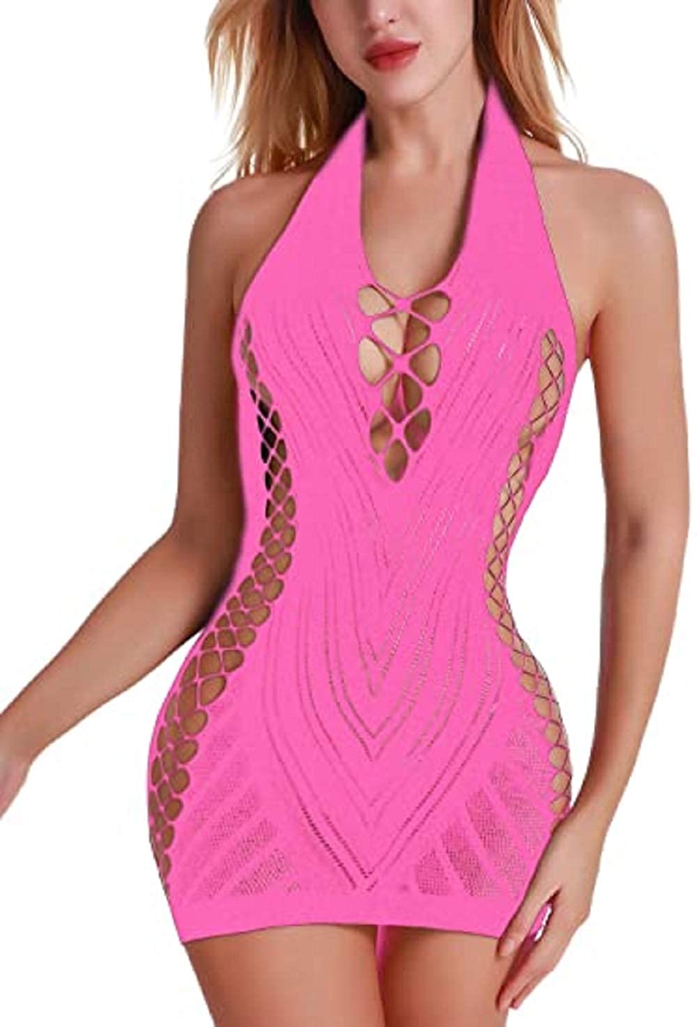 Price:$9.99 Lingerie for Women Fishnet Halter Chemise Deep V Hot Mesh Mini Dress Bodysuit …: Clothing, Shoes & Jewelry