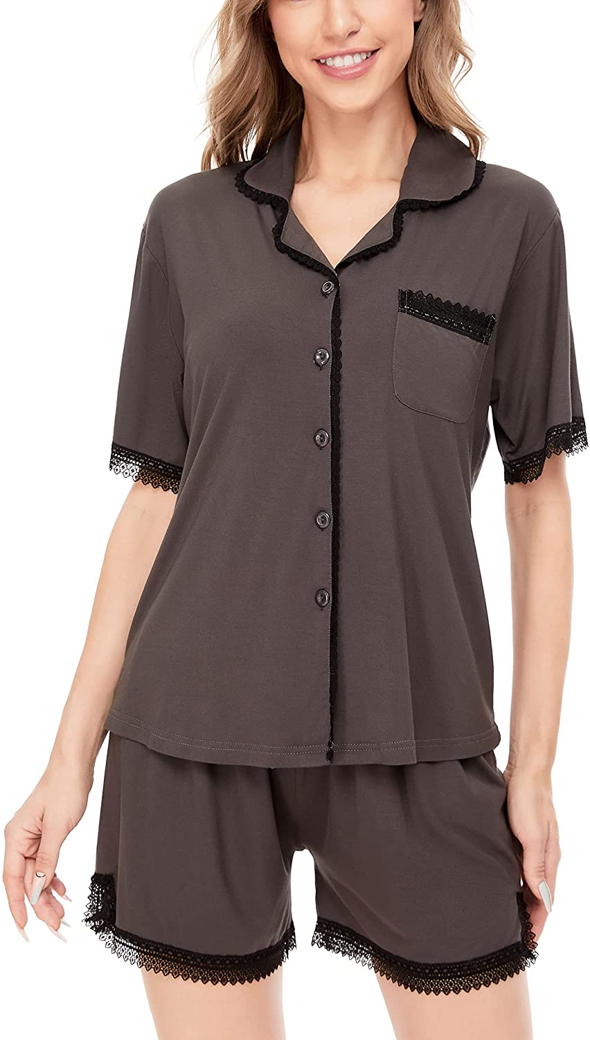 Price:$15.99 Pajamas Set, Short Sleeve Sleepwear Lace Hem Pj Lounge Sets Nightwear Pajamas for Women S-XL at Amazon Women’s Clothing store