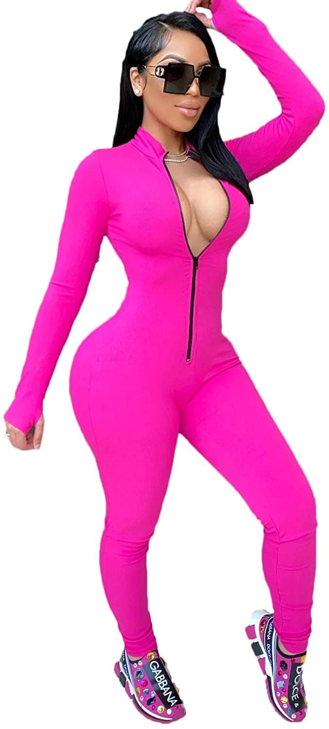 Price:$18.99 Women 's Sexy Deep V Neck Jumpsuit Long Sleeve One Piece Tie Dye/Solid Bodycon Romper Bodysuit Pajama Overall(Rose red2,XXL) : Clothing, Shoes & Jewelry