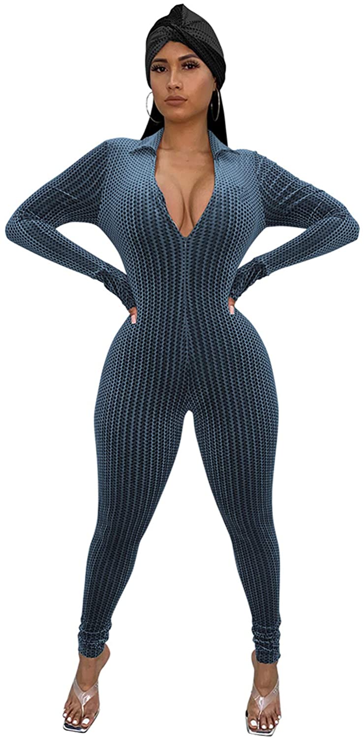 Price:$14.99 Women Deep V Neck Long Sleeve Zipper Sexy Bodycon Jumpsuit Fashion Bodysuit One Piece Outfit for Clubwear : Clothing, Shoes & Jewelry