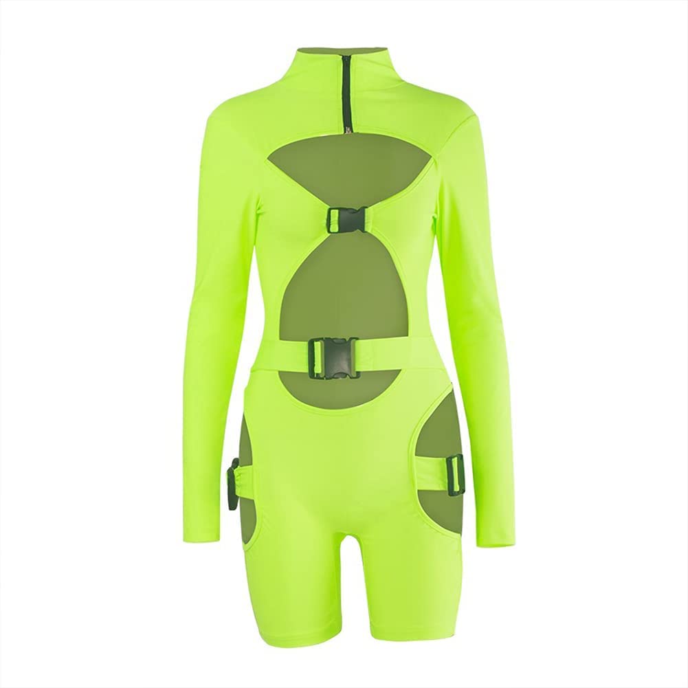 Price:$14.85 Bodycon Hollow Long Sleeve Cutout Bodysuit Zip High Neck Buckle Romper Shorts Jumpsuit Halloween Rave Outfit : Clothing, Shoes & Jewelry