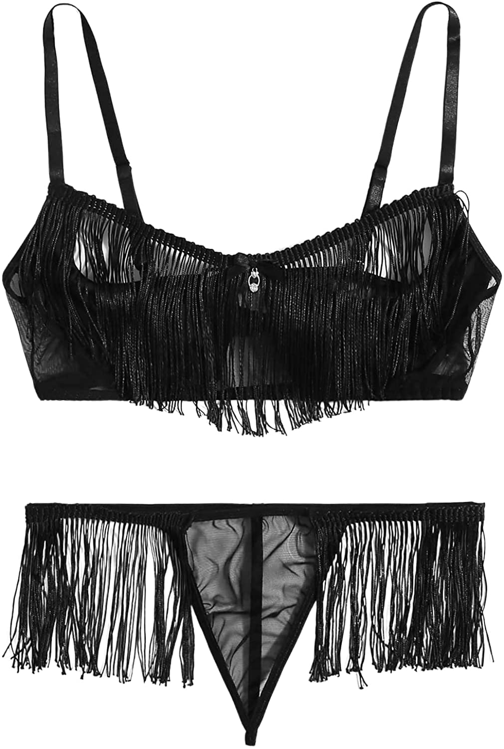 Price:$16.99 Women's 2 Piece Sexy Fringe Trim Sheer Mesh Strap Bralette Bra and Panty Lingerie Set: Clothing, Shoes & Jewelry