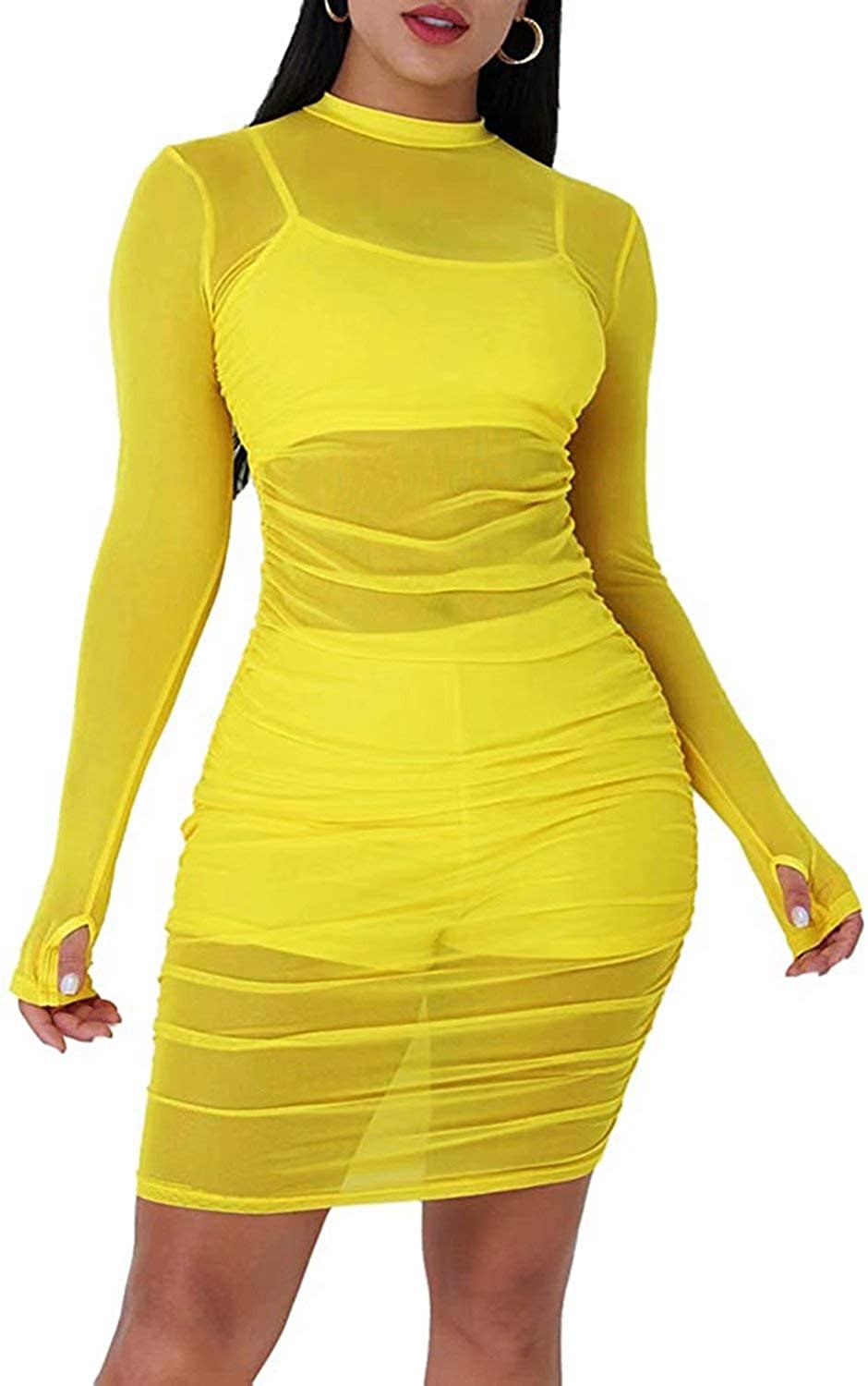 Price:$19.59 Women Long Sleeve Bodycon Dress - Sexy See Through Sheer Mesh Cover Up Ruched Dress Club Outfits at Amazon Women’s Clothing store
