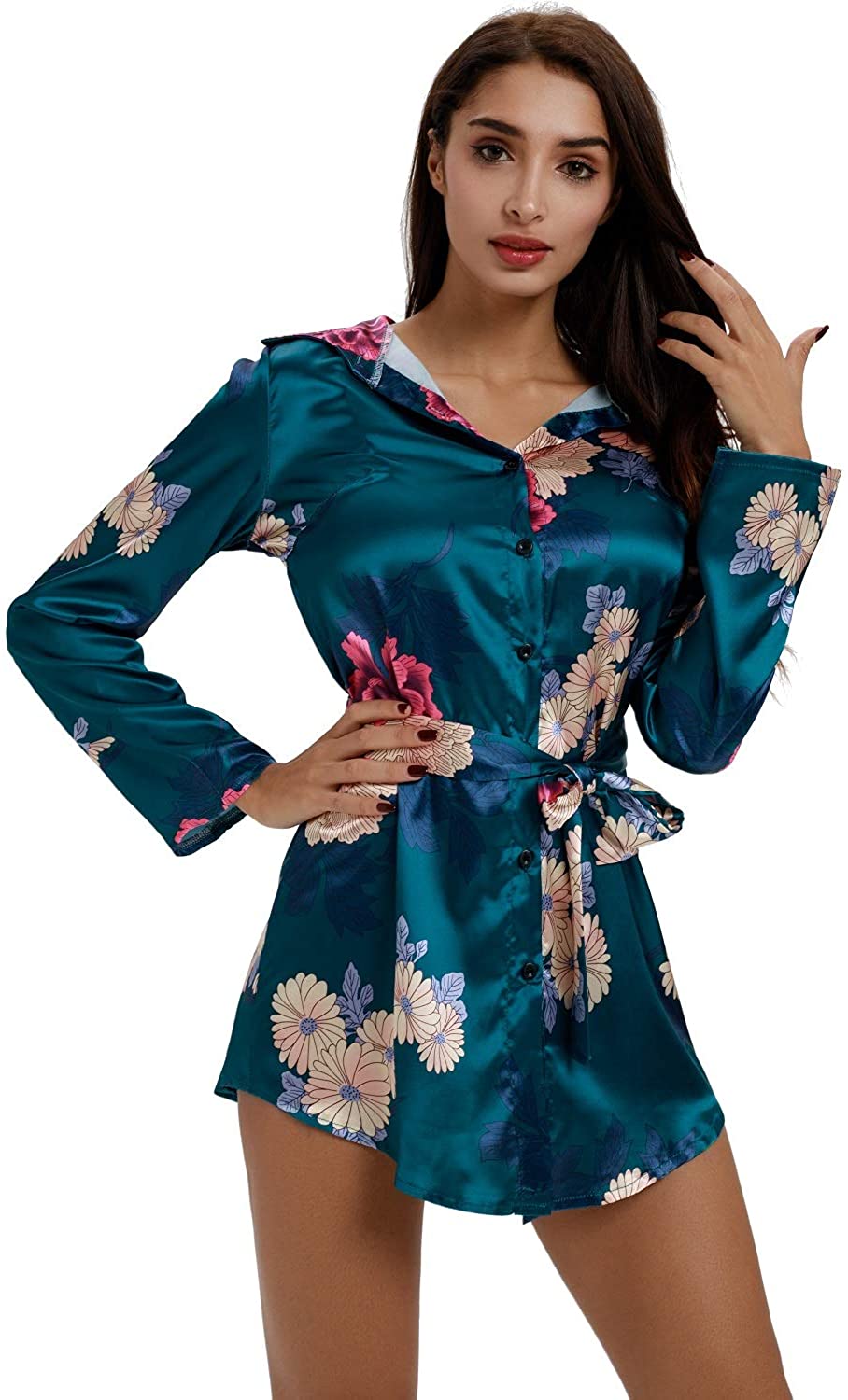 Price:$15.99 Floral Print Button Down Shirt for Women Satin Button Down Top with Belt at Amazon Women’s Clothing store