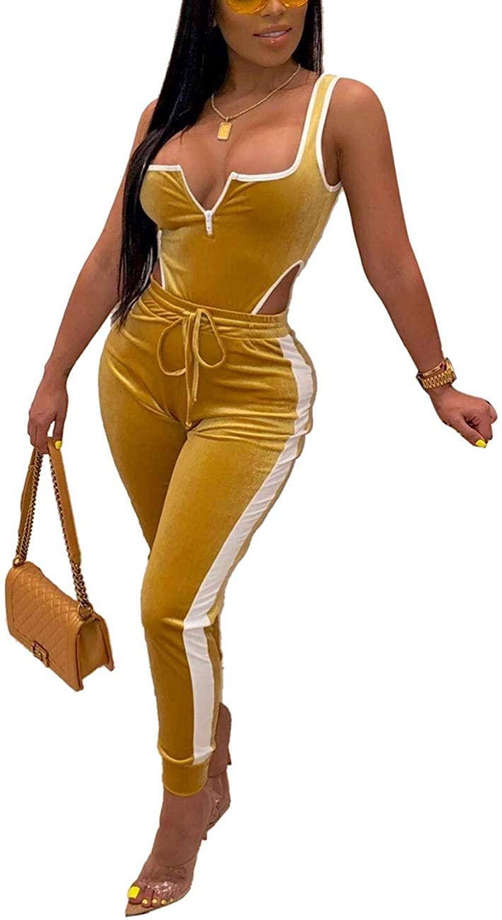 Price:$19.59 for Women Set 2 Piece Jogger Outfits Velvet Sleeveless Bodysuit Tops and Pants Tracksuit at Amazon Women’s Clothing store
