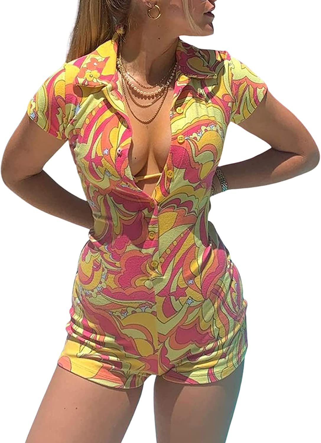 Price:$9.98 Short Sleeve Jumpsuit Bodycon Rompers Sexy V Neck Polo One Piece Bodysuit Zipper-Open Y2K Onesies Overalls : Clothing, Shoes & Jewelry