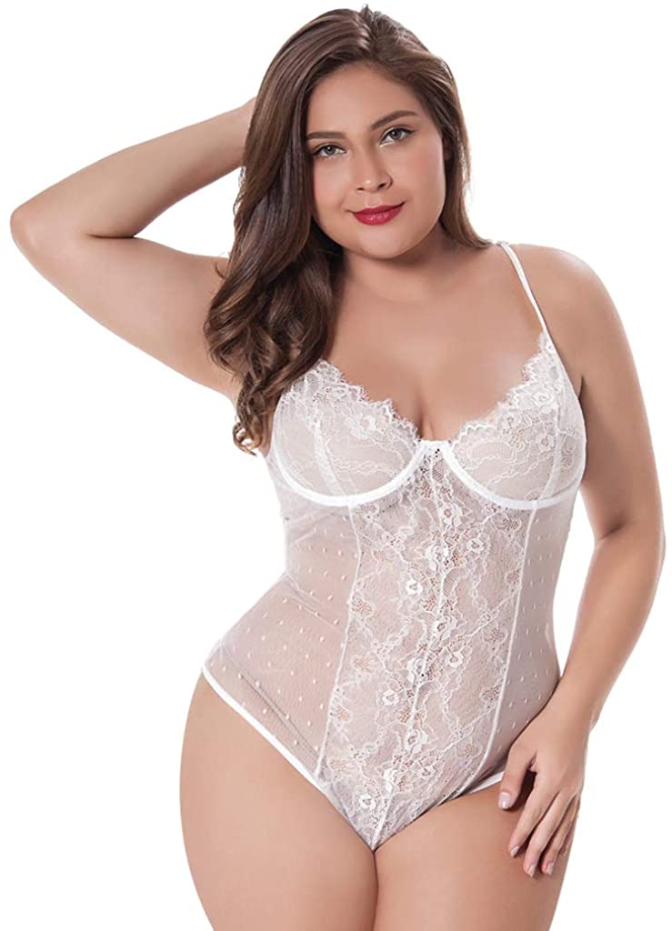 Price:$8.99 Plus Size Lingerie for Women Sexy Lace Bodysuit Deep V Teddy One Piece Lace Babydoll: Clothing, Shoes & Jewelry