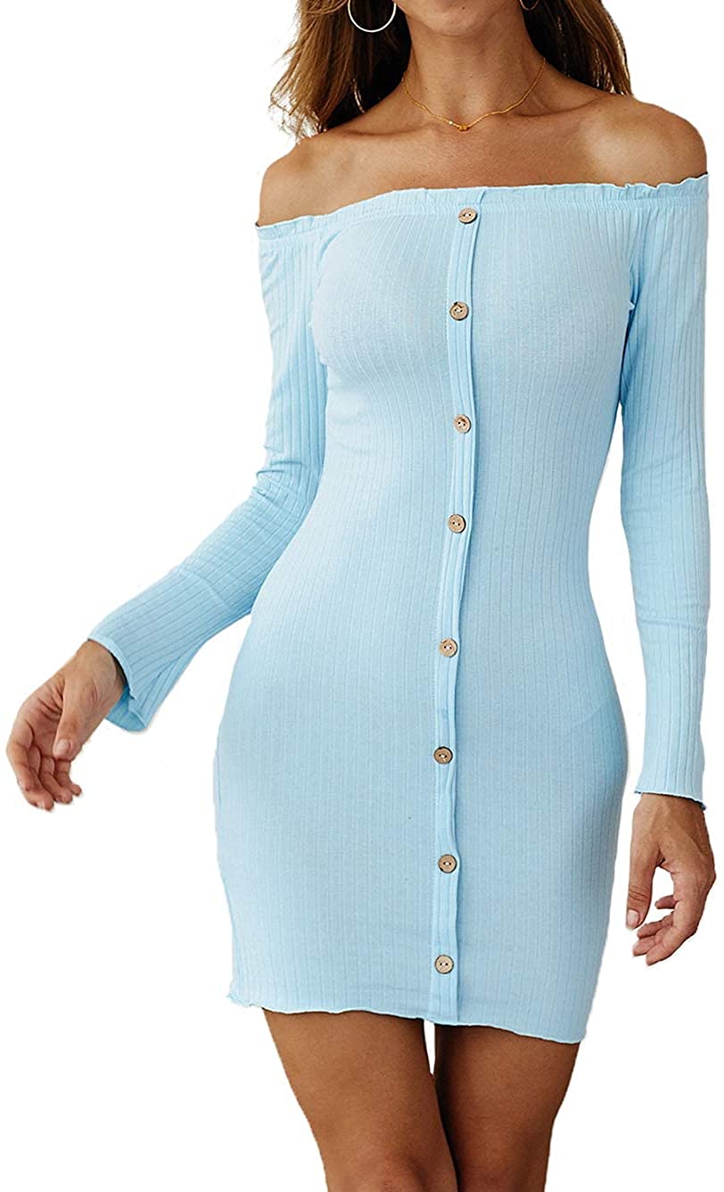 Price:$18.99 Women's Sexy Off Shoulder Knitted Stretchy Sweater Long Sleeves Mini Party Dress at Amazon Women’s Clothing store