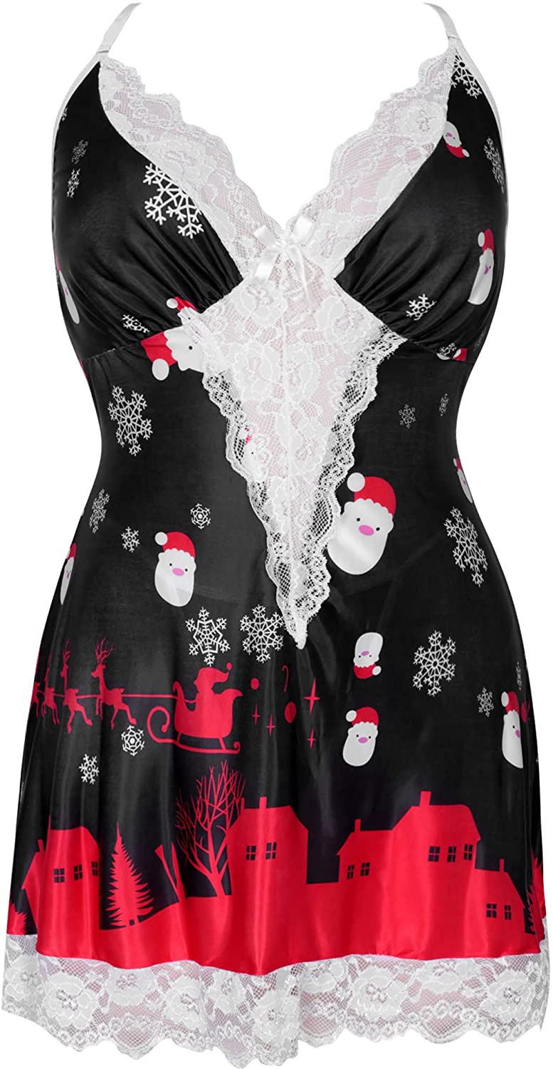 Price:$16.99 Women Plus Size Christmas Babydoll Lingerie Back Crisscross Lace Trim Chemise Sleepwear Xmas at Amazon Women’s Clothing store