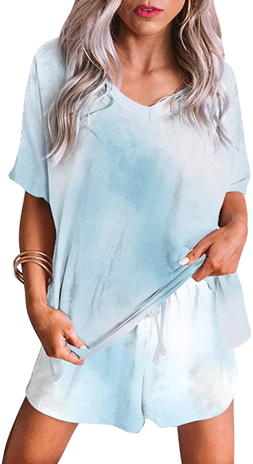 Price:$24.99 Secret Womens Tie Dye Printed Short Pajamas Set Summer Short Sleeve Tee and Pants PJ Set Ladies Jersey Loungewear Nightwear Sleepwear Sky Blue Small at Amazon Women’s Clothing store