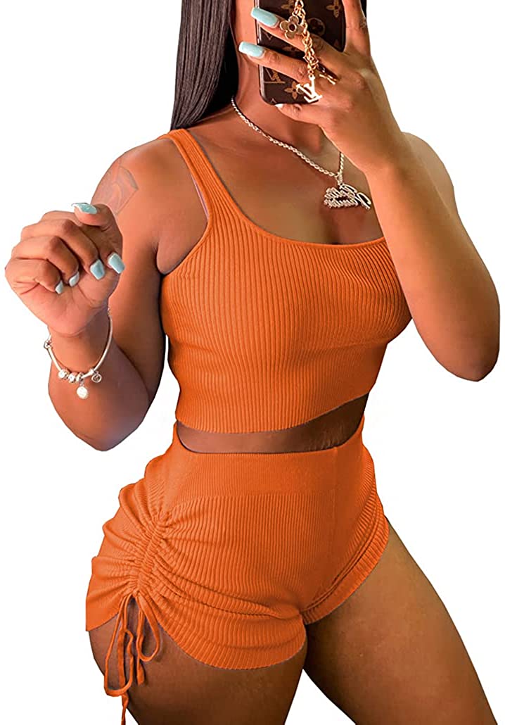 Price:$9.99 2 Piece Outfits Short Sets Casual Summer Sleeveless Tank Crop Tops Bodycon Ruched Drawstring Shorts Pants : Clothing, Shoes & Jewelry