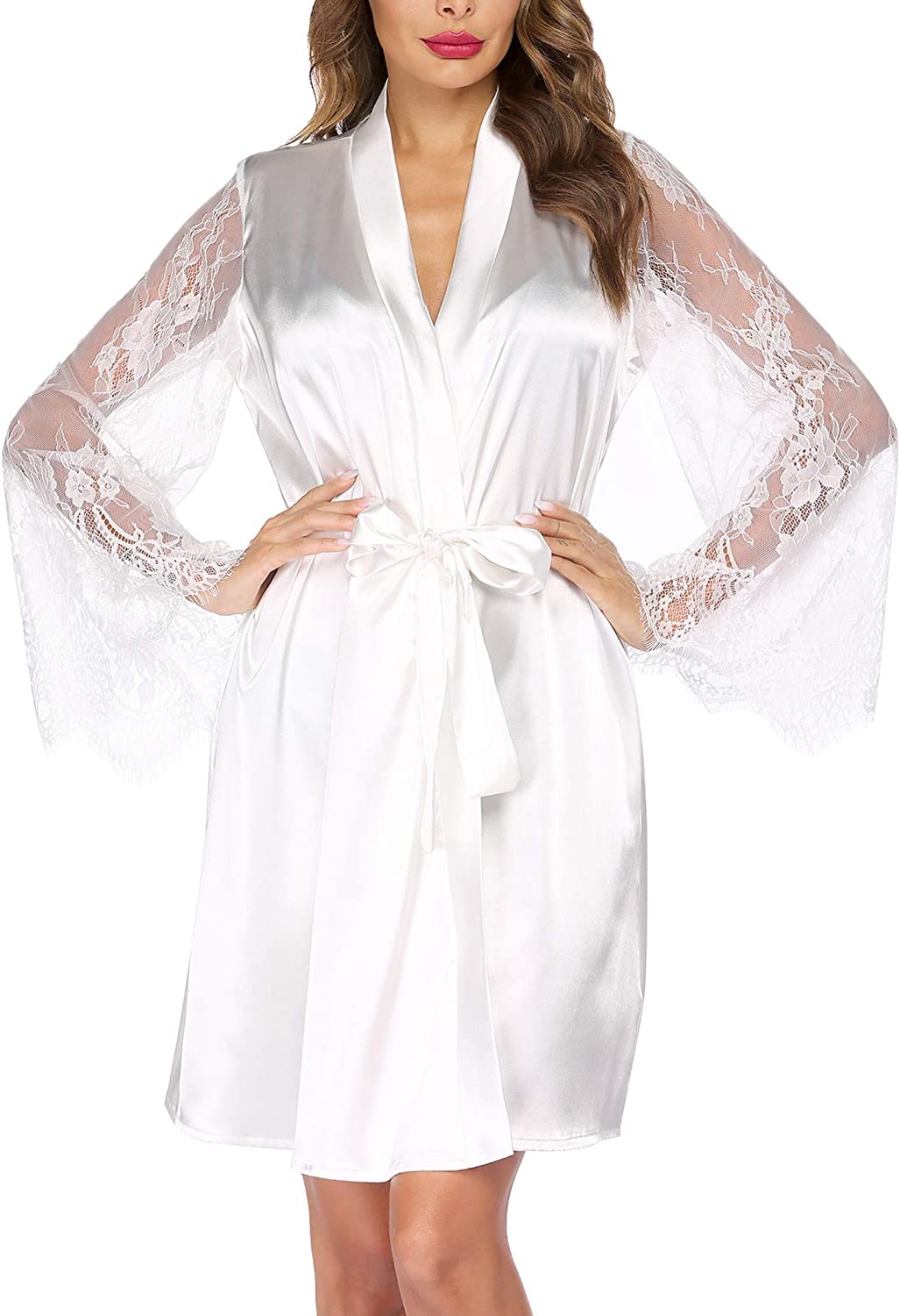 Price:$19.98 Women's Satin Kimono Robe for Bridesmaid and Bride Wedding Party Getting Ready Short Robe at Amazon Women’s Clothing store