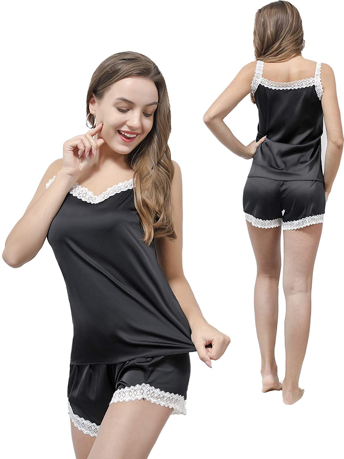 Price:$24.99 Satin Pajamas Set Sleepwear Silk Sexy Lace Strap Night Wear with Short Panties 2 Piece : Clothing, Shoes & Jewelry