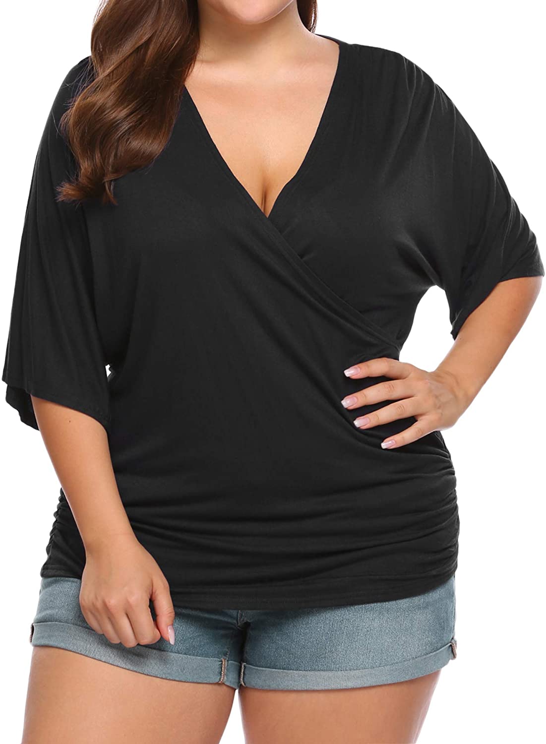 Price:$22.99 Womens Plus Size Tops V Neck Wrap Short Sleeve Shirts Casual Loose Dolman Top Tunic Blouses : Clothing, Shoes & Jewelry