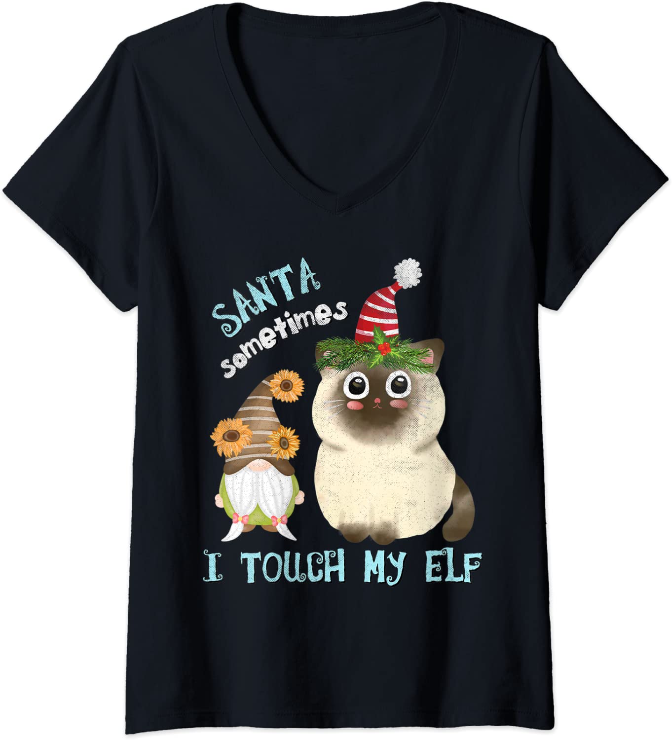 Price:$19.99 Cute Naughty Cat Pun Meowy Catmas Santa Touch-My-Elf Gnome V-Neck T-Shirt : Clothing, Shoes & Jewelry