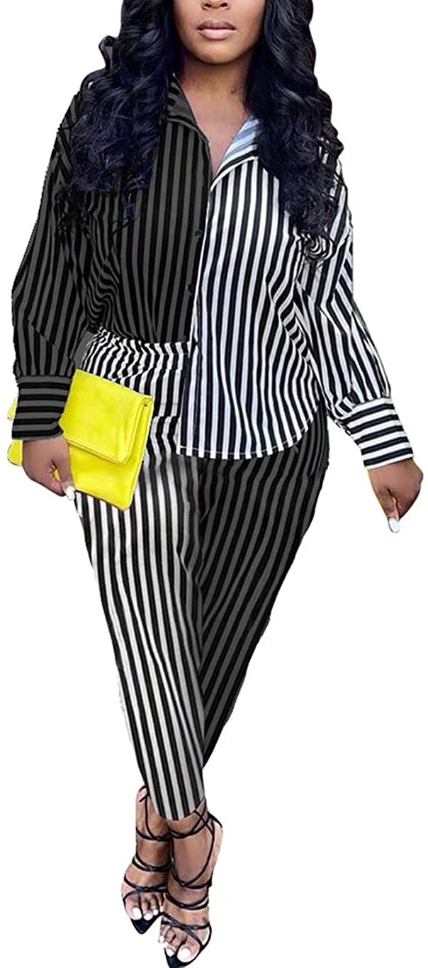 Price:$30.99 Casual Button-Down Shirts Longs Sleeve Crop Top Short Pants Two Piece Stripe Outfit : Clothing, Shoes & Jewelry