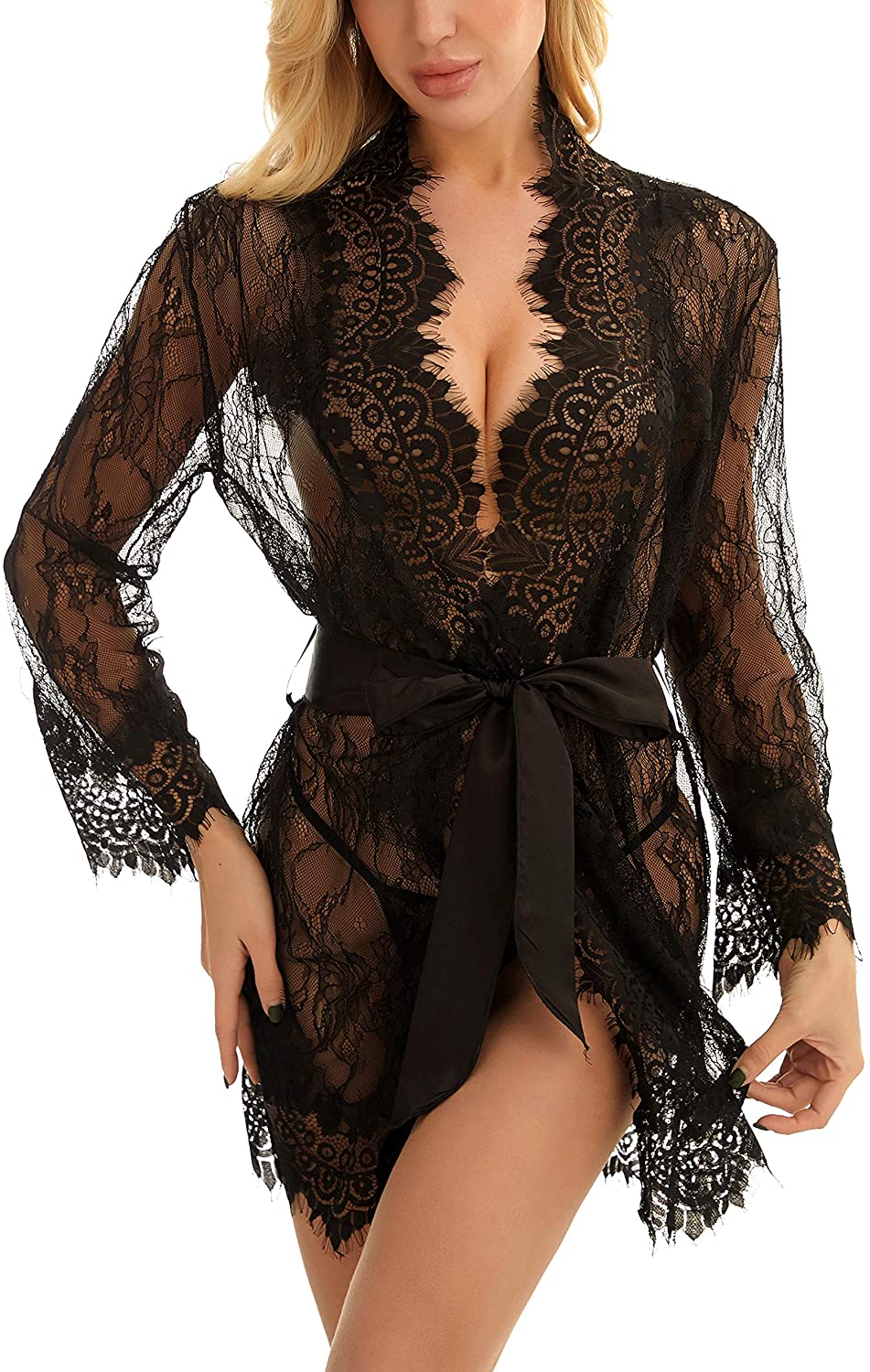 Price:$16.99 Women's Eyelash Lace Kimono Robe Sheer Babydoll Sexy Lingerie Mesh Nightgown at Amazon Women’s Clothing store