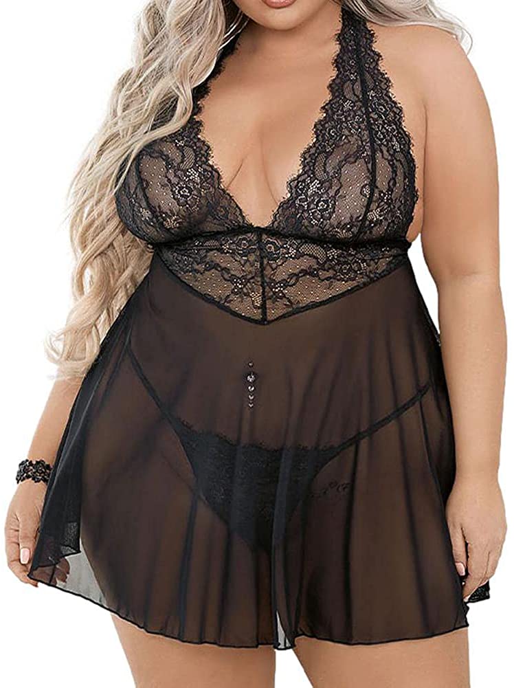 Price:$10.88 Size Babydoll dress for Women, V-neck Sheer Lace Cups Lingerie Set Mesh Skirt with G-strings at Amazon Women’s Clothing store