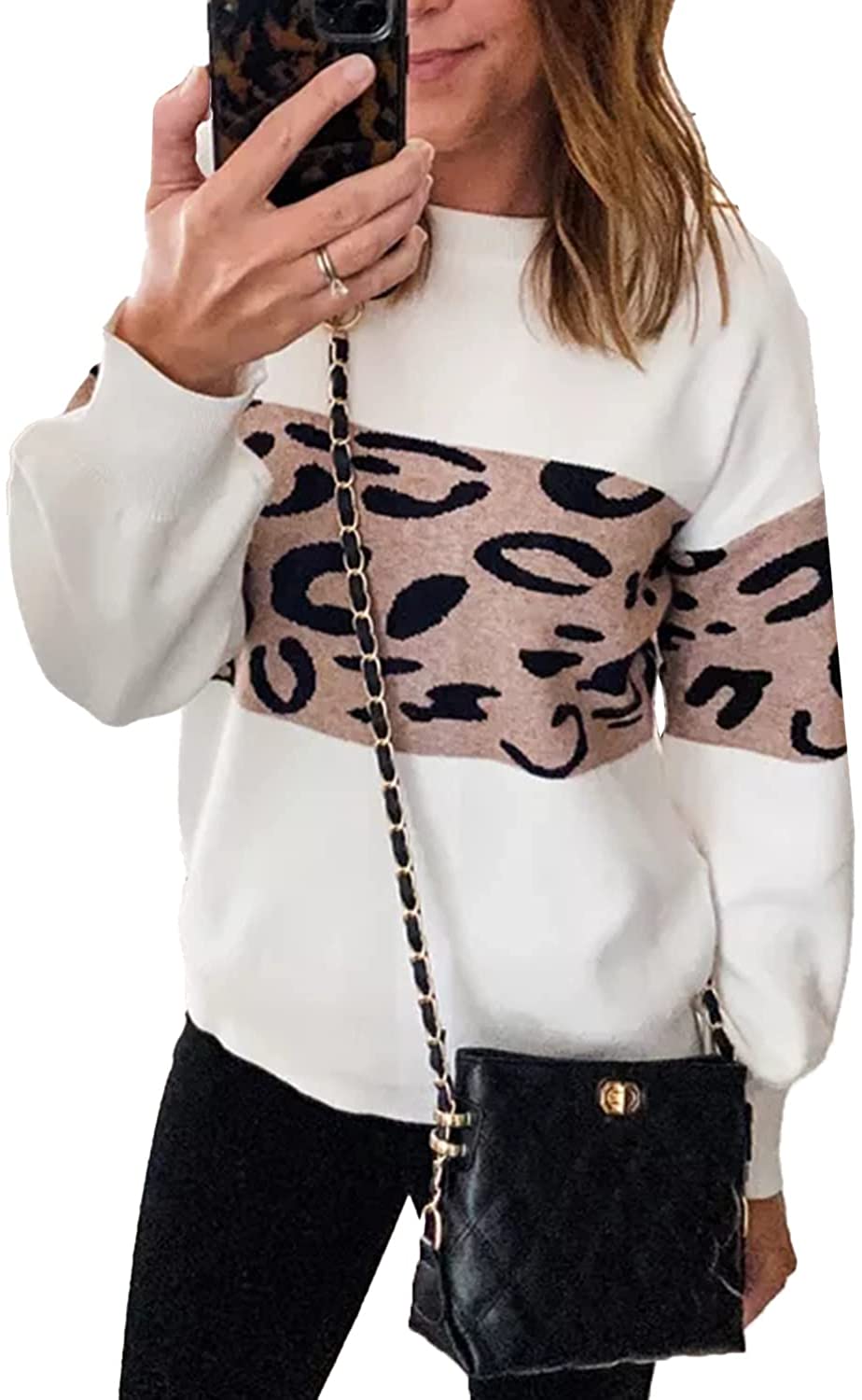 Price:$15.99 Women’s Casual Long Sleeve Off Shoulder Knitted Sweater Leopard Print Color Block Loose Pullover Tops at Amazon Women’s Clothing store