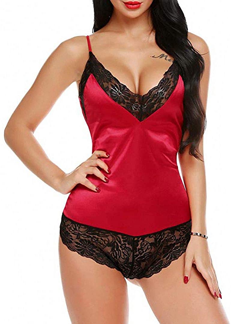 Price:$19.99 Satin Sexy Lingerie Bodysuit Deep-V Stretch Teddy One Piece Lace Babydoll Short Jumpsuit Pajamas (Red, Large): Clothing, Shoes & Jewelry