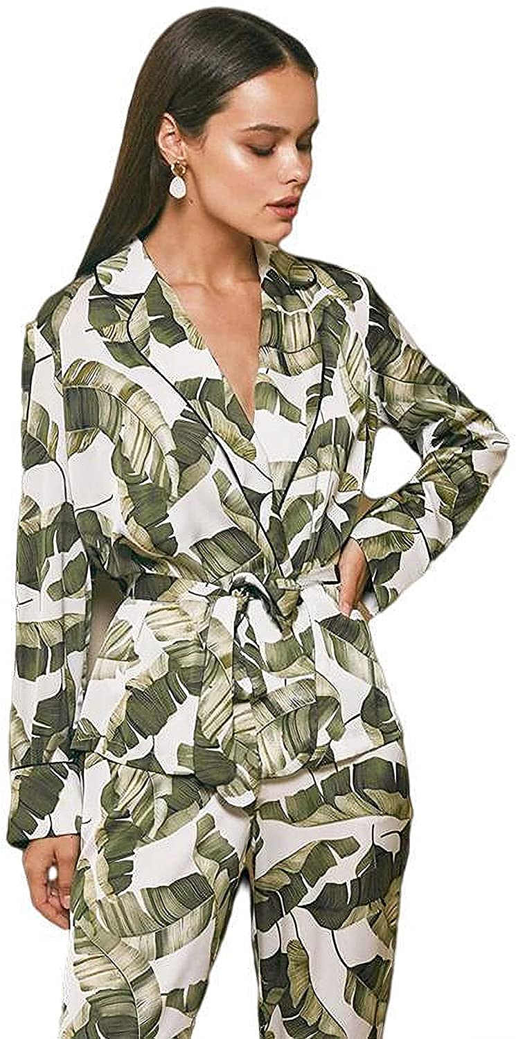 Price:$32.99 Dolcetto Women Sexy Lingerie Notch Collar Palm Leaf Print Sleepwear Two Piece Pajama Set, Small~Large : Clothing, Shoes & Jewelry