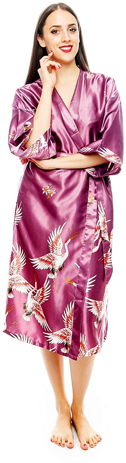 Price:$15.99 ROSEA Women Kimono Robes Long Soft Sleepdress Lightweight Satin Nightwear Bathrobe S-XL at Amazon Women’s Clothing store